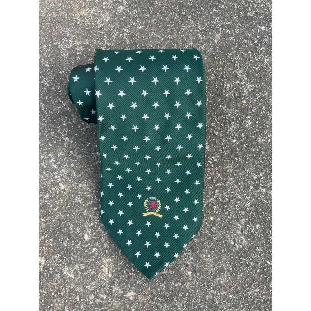 Tommy Hilfiger Mens Vintage Green Star Pattern Tie Embroidered Crest Preppy Silk